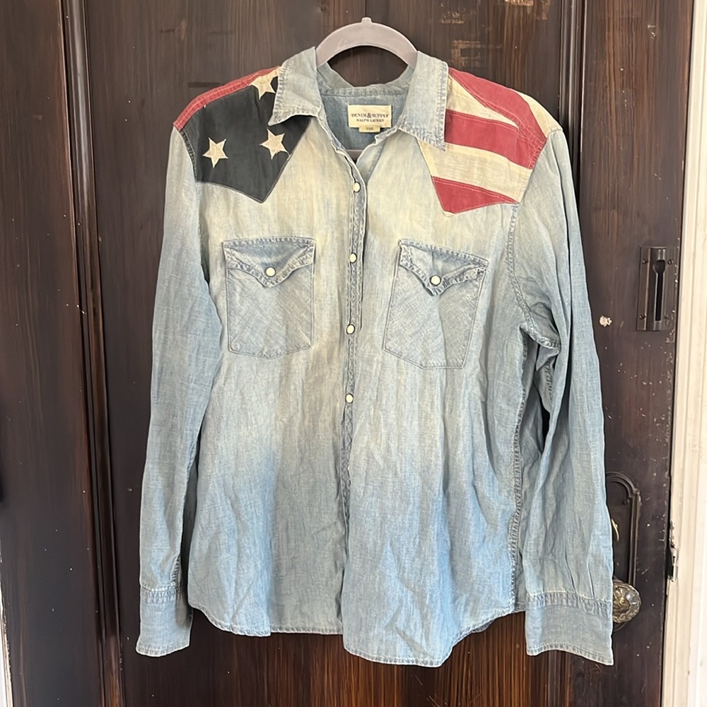Americana Chambray Denim & Supply Blue Jean Jacket Western Shirt American Flag - Picture 3 of 8